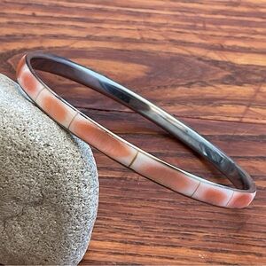 Vintage Bangle Bracelet Peach Pink Shell Inlay Silver Tone